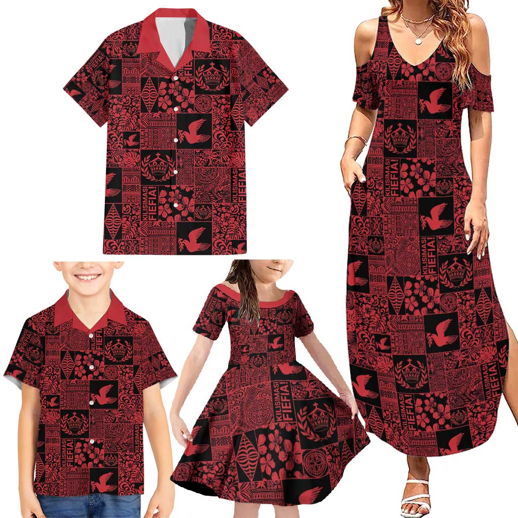 Black Tonga Kilisimasi Fiefia Family Matching Summer Maxi Dress and Hawaiian Shirt Pacific Patchwork Xmas Vibes - Polynesian Pride