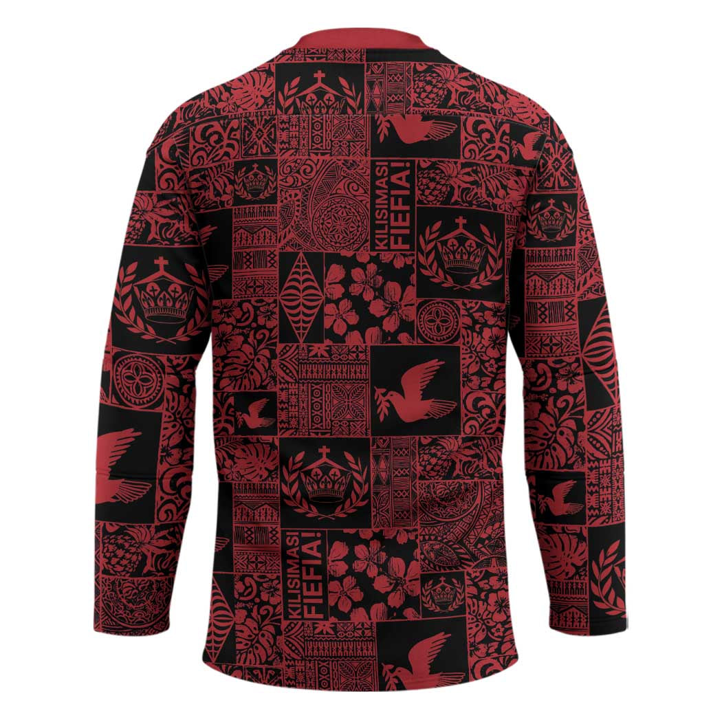 Black Tonga Kilisimasi Fiefia Hockey Jersey Pacific Patchwork Xmas Vibes - Polynesian Pride