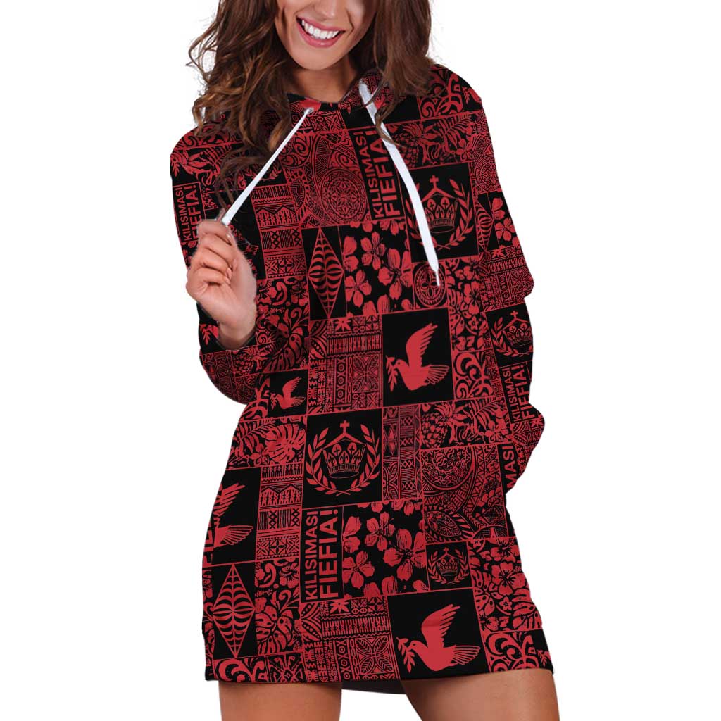 Black Tonga Kilisimasi Fiefia Hoodie Dress Pacific Patchwork Xmas Vibes - Polynesian Pride