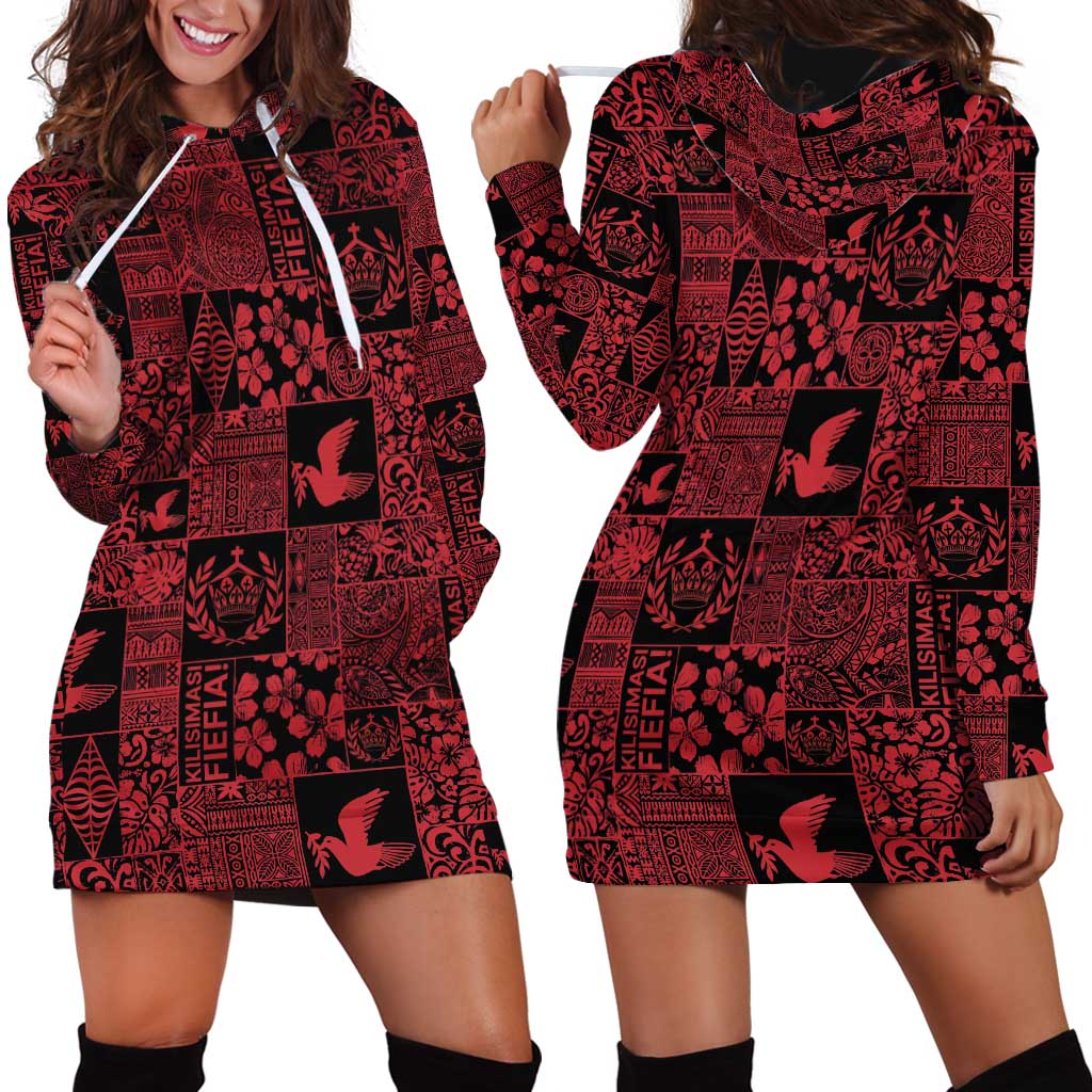 Black Tonga Kilisimasi Fiefia Hoodie Dress Pacific Patchwork Xmas Vibes - Polynesian Pride