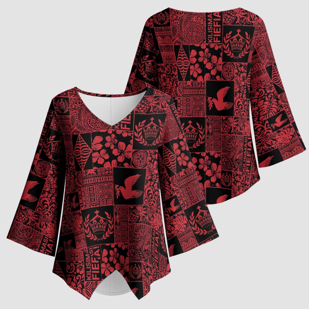 Black Tonga Kilisimasi Fiefia Kimono Sleeve Blouse Pacific Patchwork Xmas Vibes - Polynesian Pride