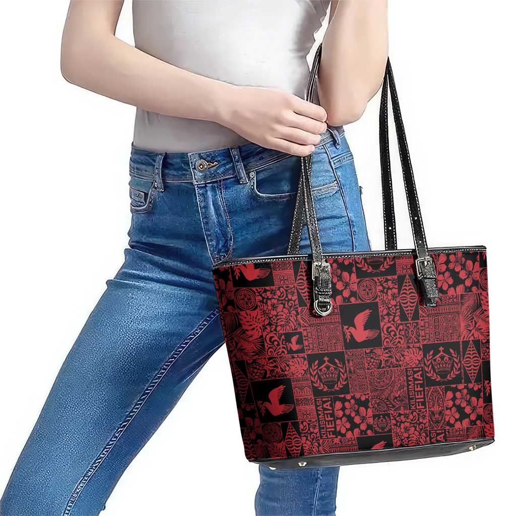 Black Tonga Kilisimasi Fiefia Leather Tote Bag Pacific Patchwork Xmas Vibes - Polynesian Pride