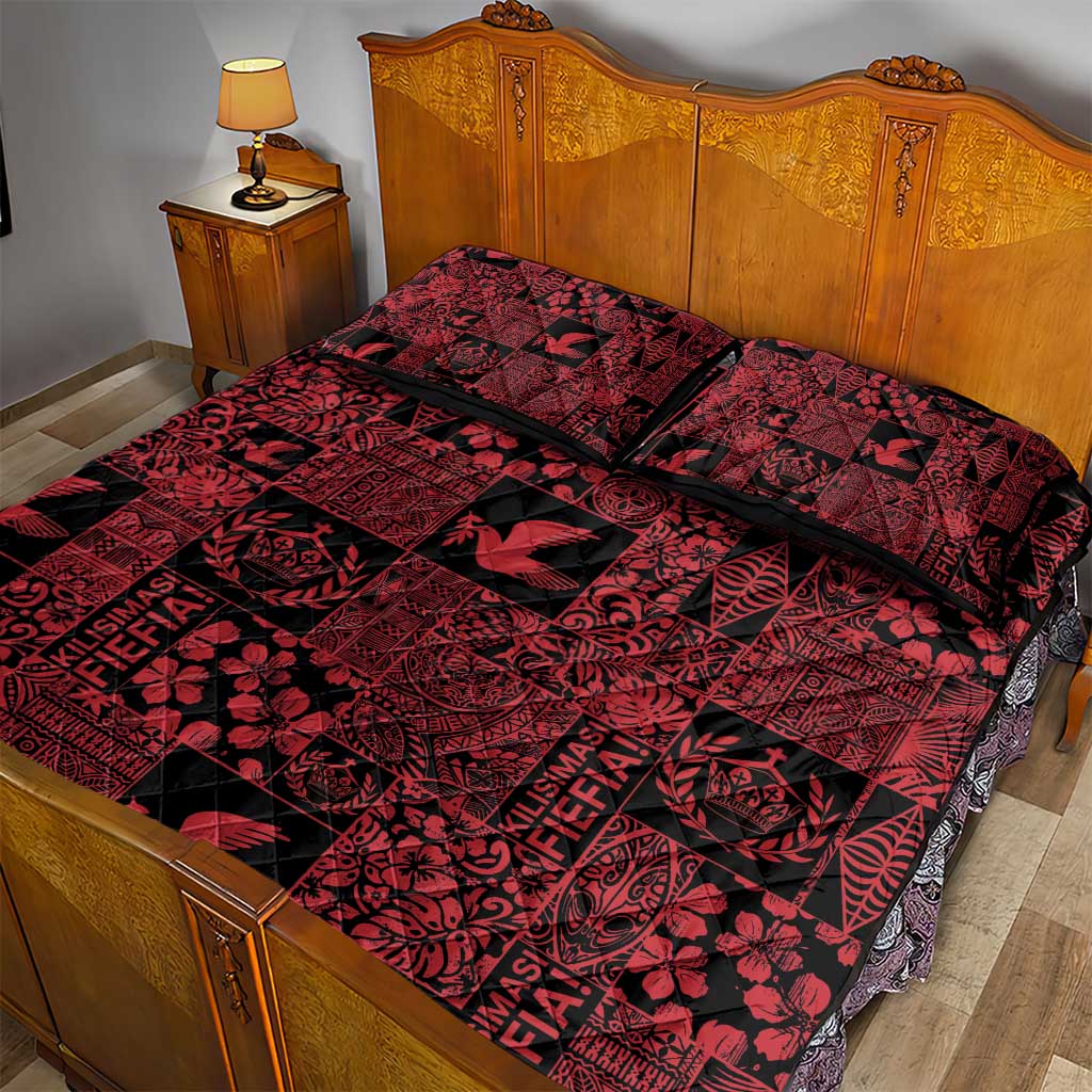 Black Tonga Kilisimasi Fiefia Quilt Bed Set Pacific Patchwork Xmas Vibes - Polynesian Pride