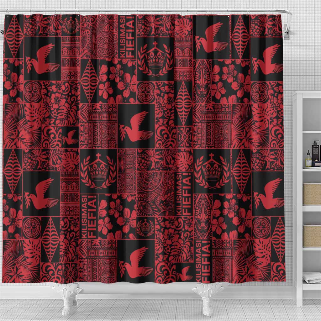 Black Tonga Kilisimasi Fiefia Shower Curtain Pacific Patchwork Xmas Vibes - Polynesian Pride
