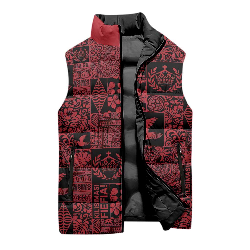 Black Tonga Kilisimasi Fiefia Sleeveless Puffer Jacket Pacific Patchwork Xmas Vibes - Polynesian Pride