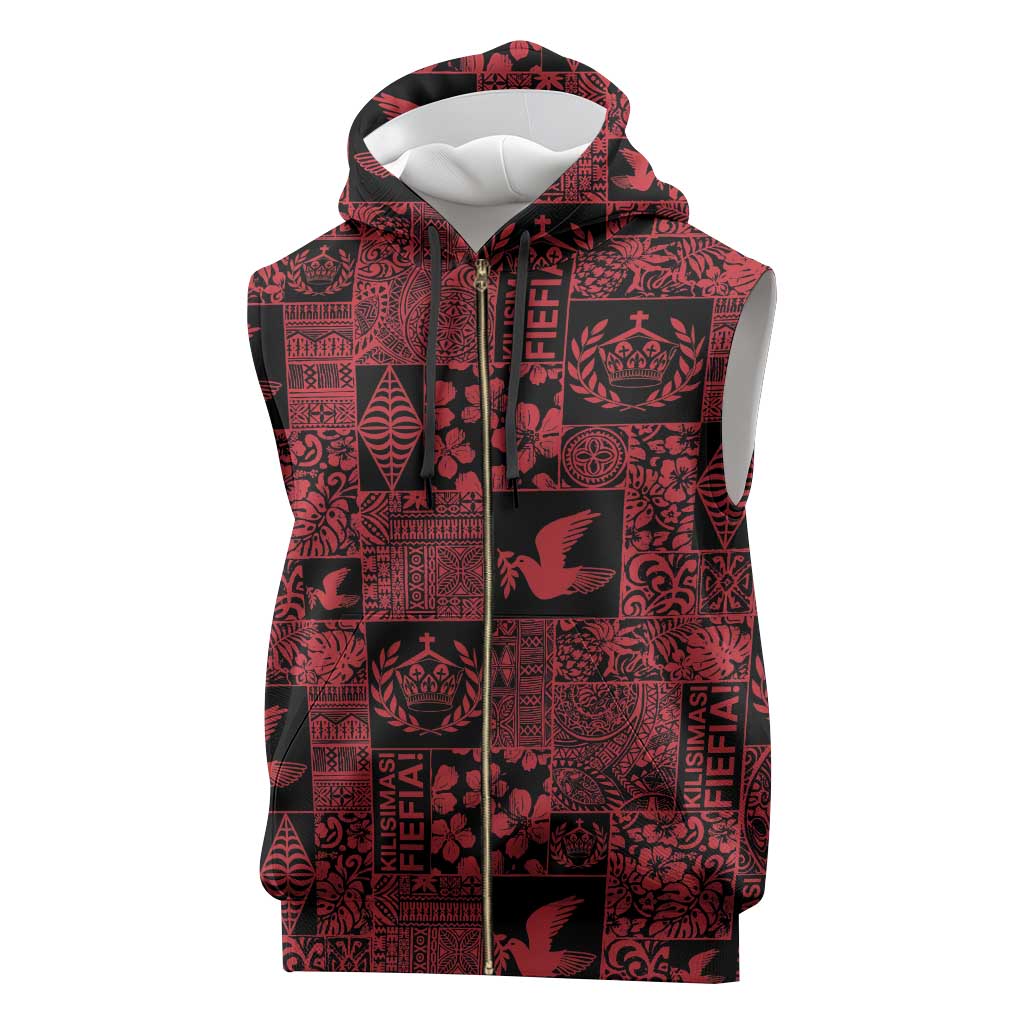 Black Tonga Kilisimasi Fiefia Sleeveless Zip Hoodie Pacific Patchwork Xmas Vibes - Polynesian Pride