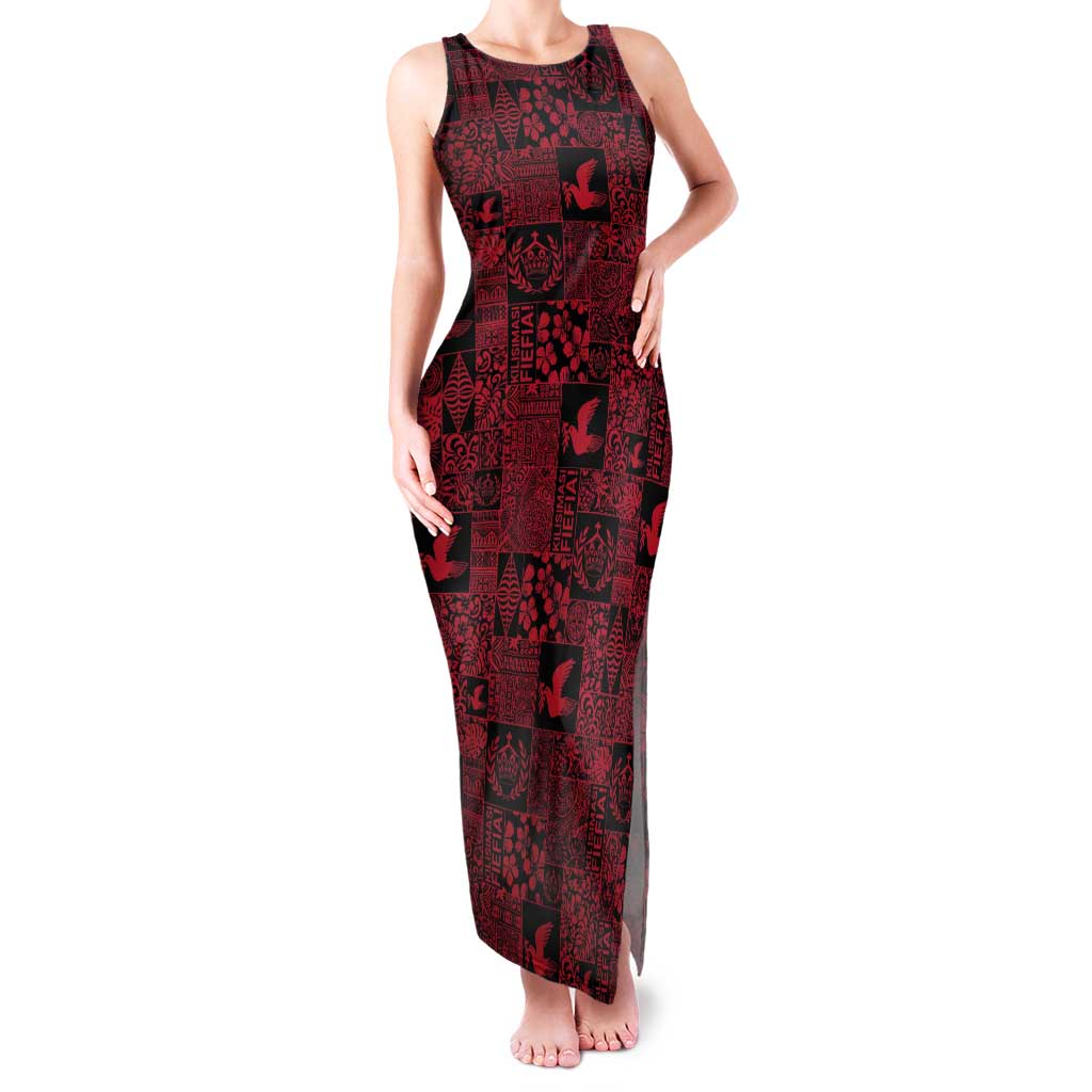 Black Tonga Kilisimasi Fiefia Tank Maxi Dress Pacific Patchwork Xmas Vibes - Polynesian Pride