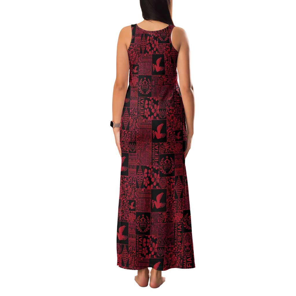 Black Tonga Kilisimasi Fiefia Tank Maxi Dress Pacific Patchwork Xmas Vibes - Polynesian Pride