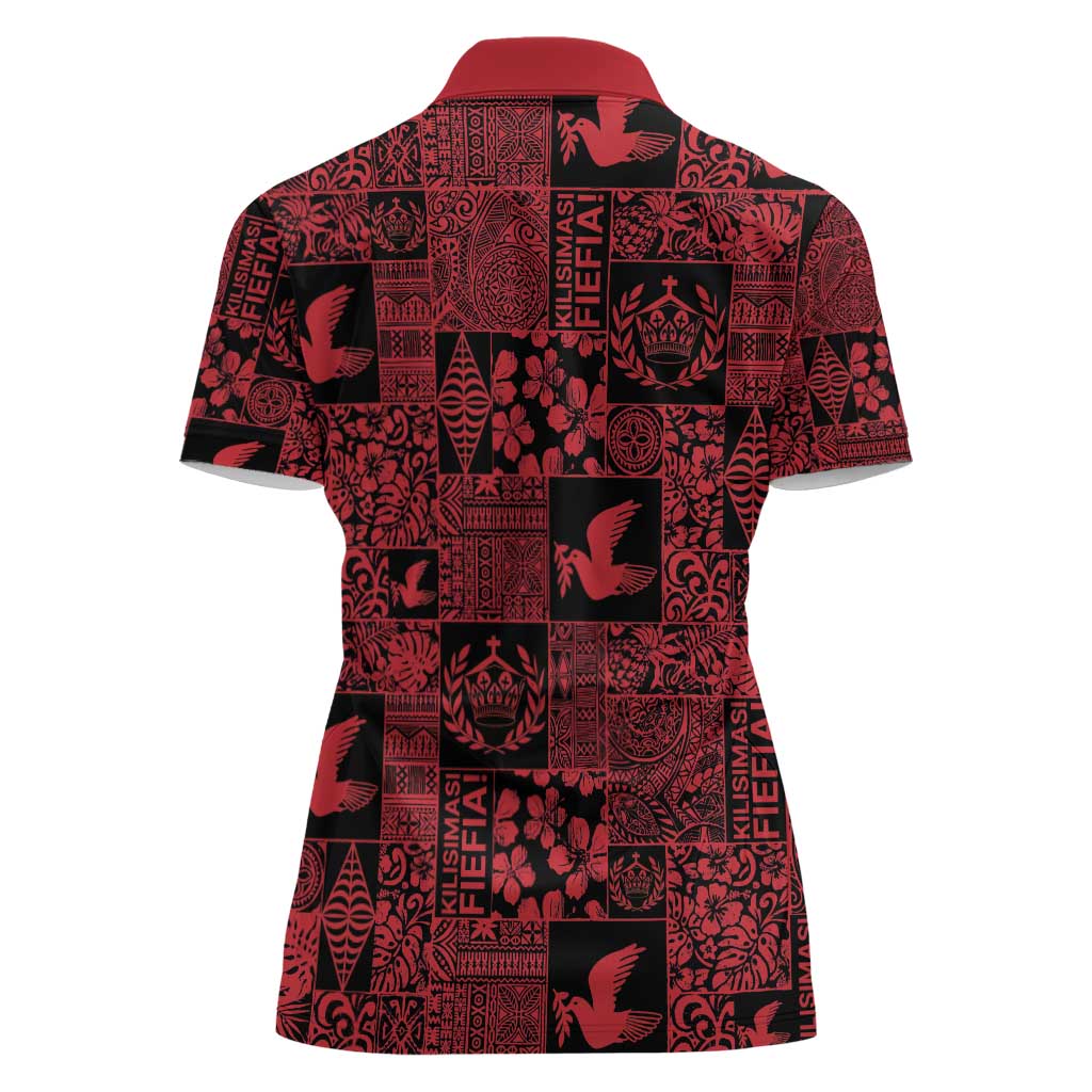 Black Tonga Kilisimasi Fiefia Women Polo Shirt Pacific Patchwork Xmas Vibes - Polynesian Pride