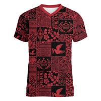 Black Tonga Kilisimasi Fiefia Women V-Neck T-Shirt Pacific Patchwork Xmas Vibes - Polynesian Pride