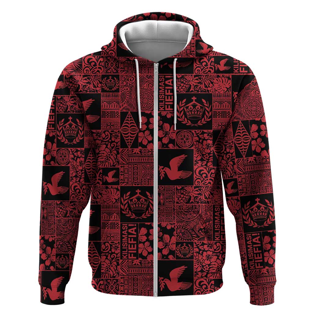 Black Tonga Kilisimasi Fiefia Zip Hoodie Pacific Patchwork Xmas Vibes - Polynesian Pride