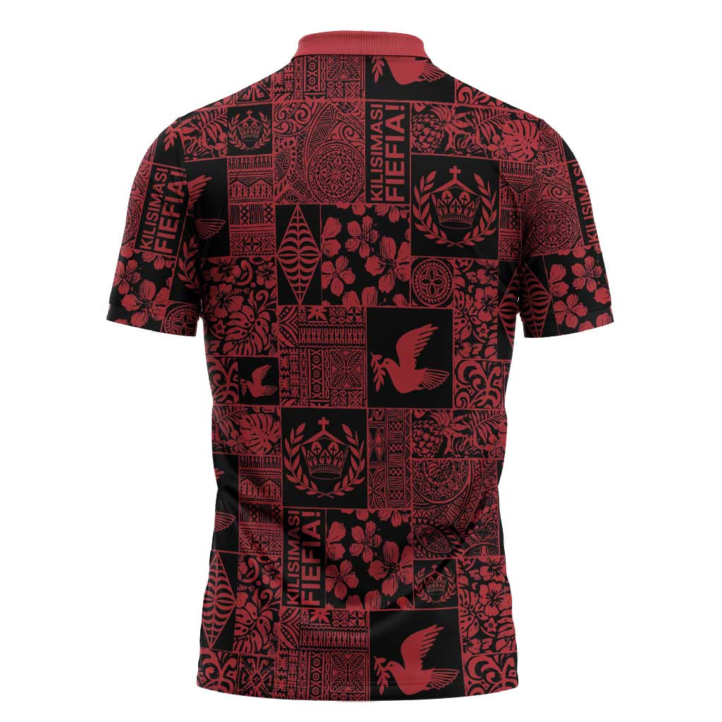 Black Tonga Kilisimasi Fiefia Zipper Polo Shirt Pacific Patchwork Xmas Vibes - Polynesian Pride