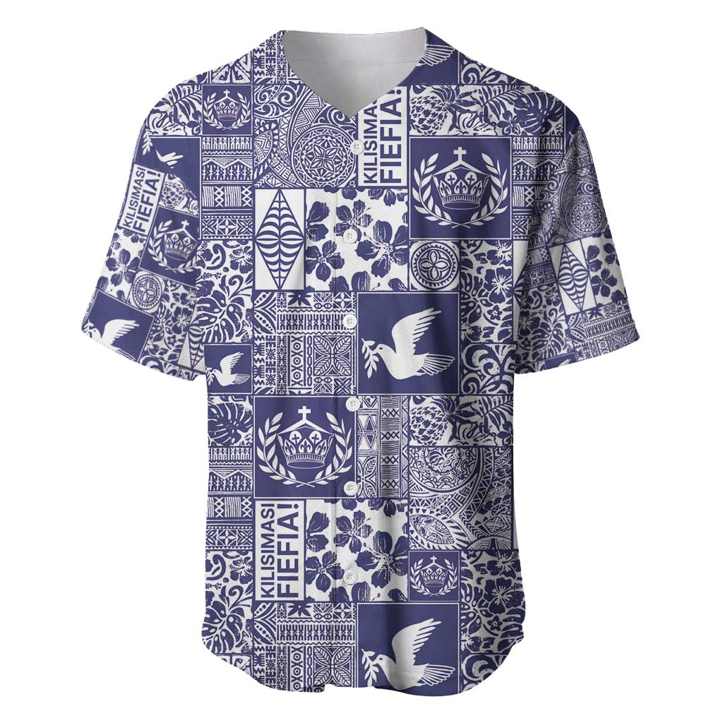 Blue Tonga Kilisimasi Fiefia Baseball Jersey Pacific Patchwork Xmas Vibes - Polynesian Pride
