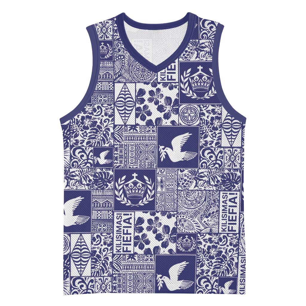 Blue Tonga Kilisimasi Fiefia Basketball Jersey Pacific Patchwork Xmas Vibes - Polynesian Pride
