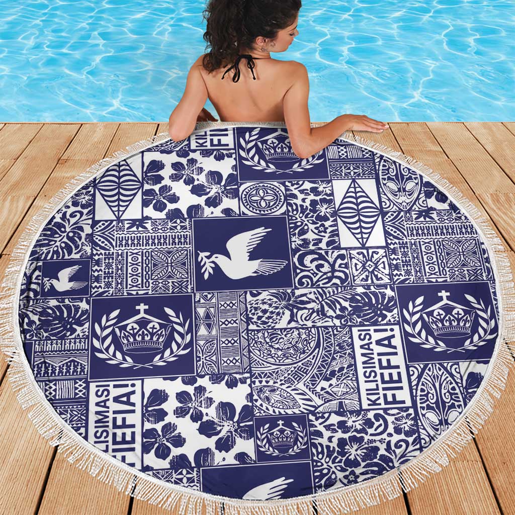 Blue Tonga Kilisimasi Fiefia Beach Blanket Pacific Patchwork Xmas Vibes - Polynesian Pride