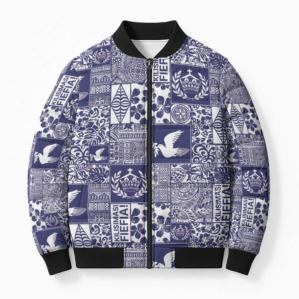 Blue Tonga Kilisimasi Fiefia Bomber Puffer Jacket Pacific Patchwork Xmas Vibes - Polynesian Pride