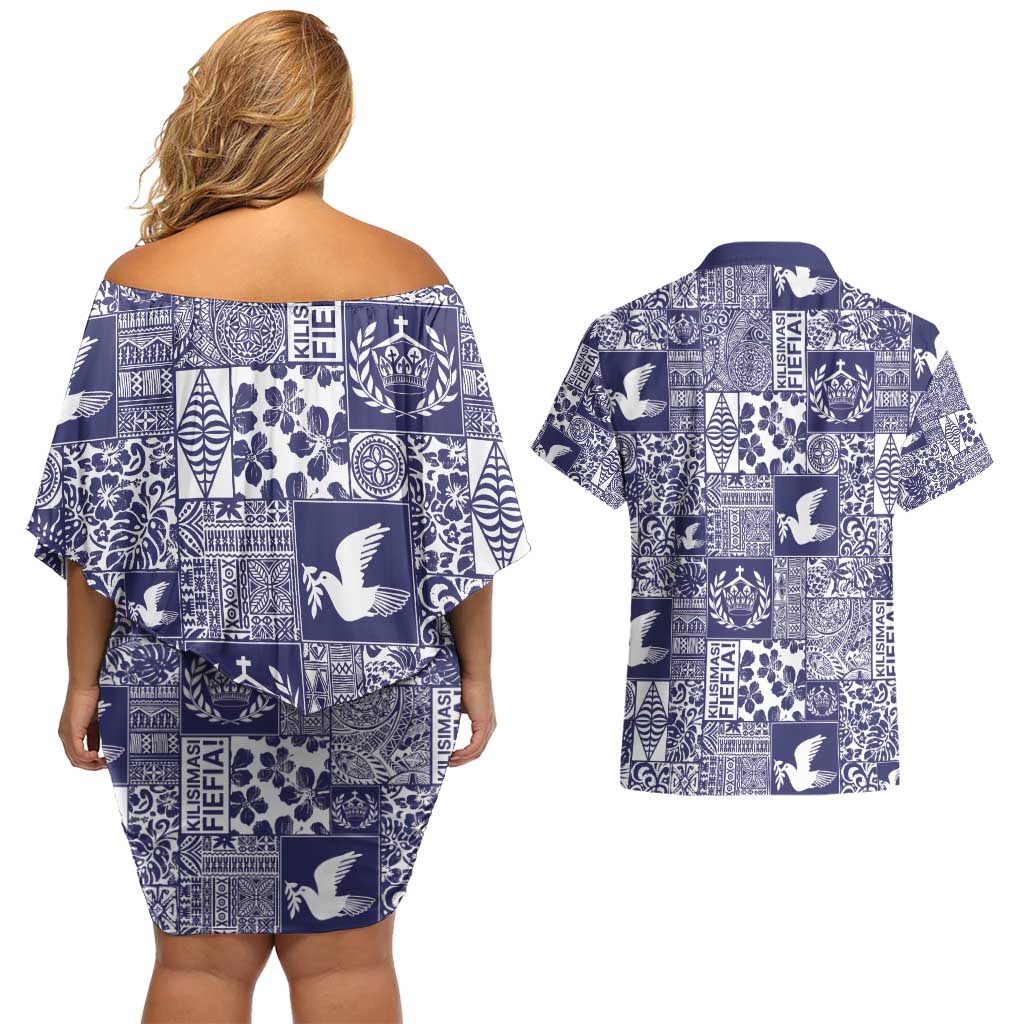 Blue Tonga Kilisimasi Fiefia Couples Matching Off Shoulder Short Dress and Hawaiian Shirt Pacific Patchwork Xmas Vibes - Polynesian Pride