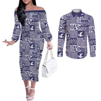 Blue Tonga Kilisimasi Fiefia Couples Matching Off The Shoulder Long Sleeve Dress and Long Sleeve Button Shirt Pacific Patchwork Xmas Vibes - Polynesian Pride
