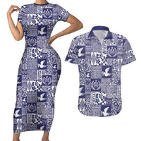Blue Tonga Kilisimasi Fiefia Couples Matching Short Sleeve Bodycon Dress and Hawaiian Shirt Pacific Patchwork Xmas Vibes - Polynesian Pride