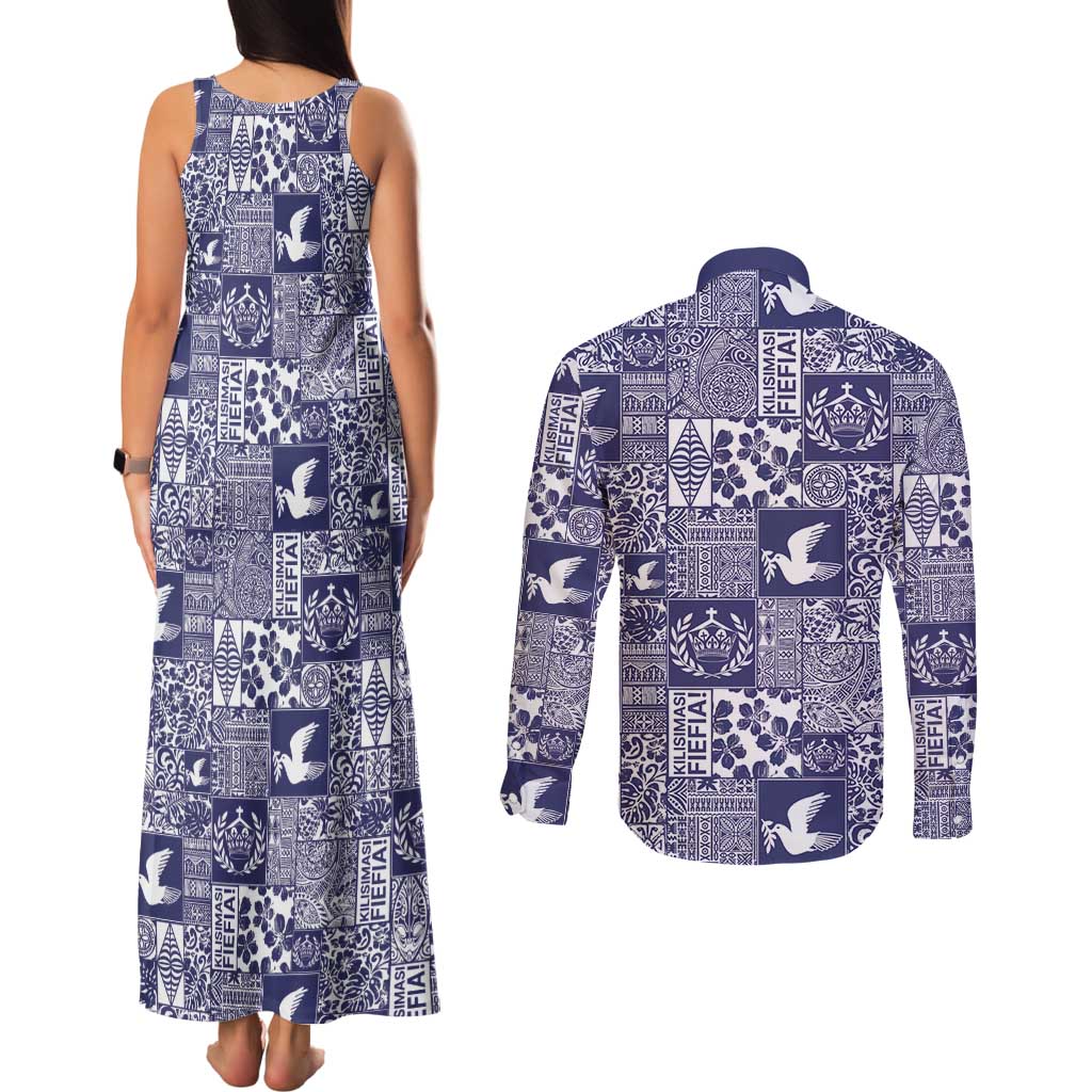 Blue Tonga Kilisimasi Fiefia Couples Matching Tank Maxi Dress and Long Sleeve Button Shirt Pacific Patchwork Xmas Vibes - Polynesian Pride