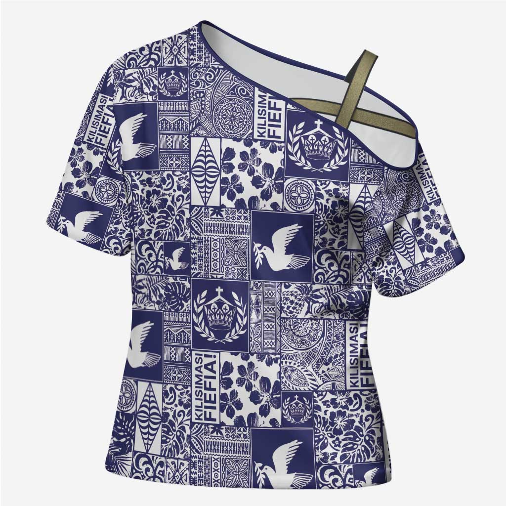 Blue Tonga Kilisimasi Fiefia Cross Shoulder Shirt Pacific Patchwork Xmas Vibes - Polynesian Pride