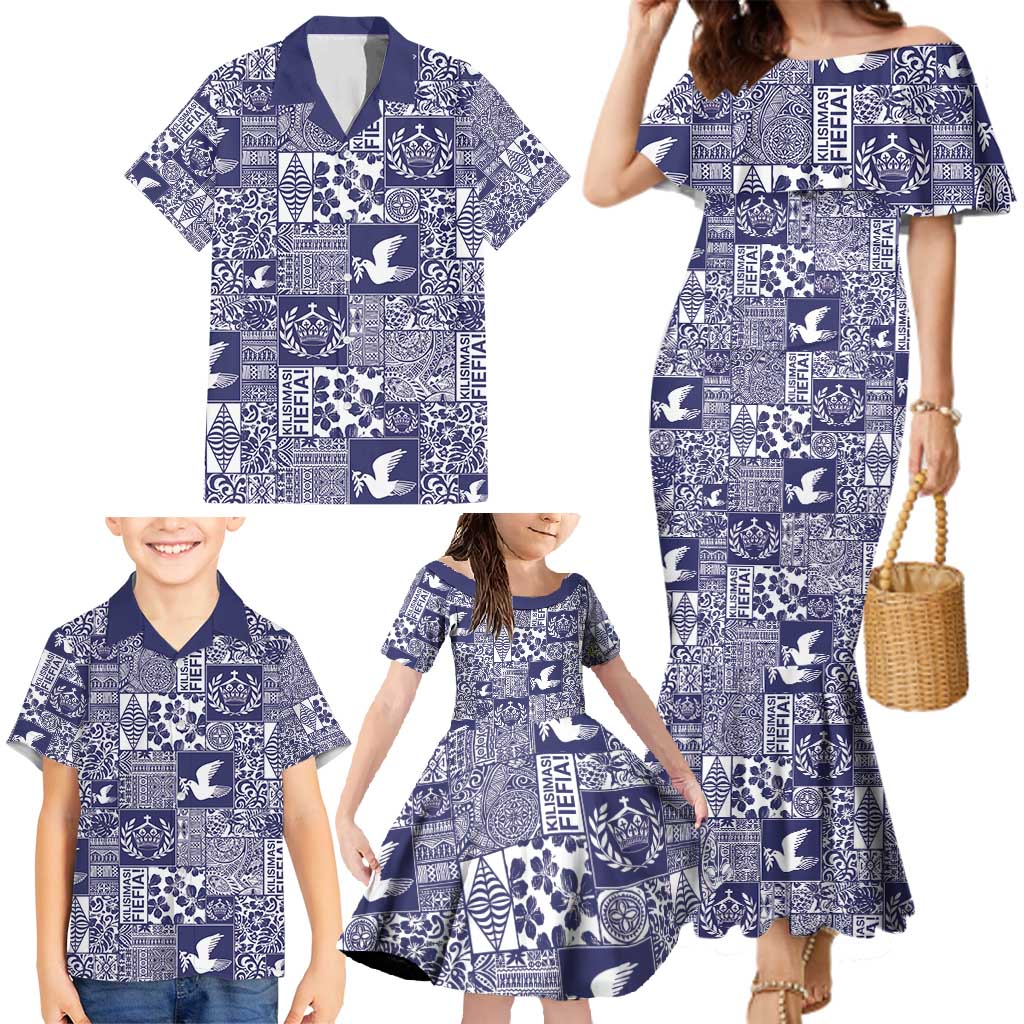 Blue Tonga Kilisimasi Fiefia Family Matching Mermaid Dress and Hawaiian Shirt Pacific Patchwork Xmas Vibes - Polynesian Pride