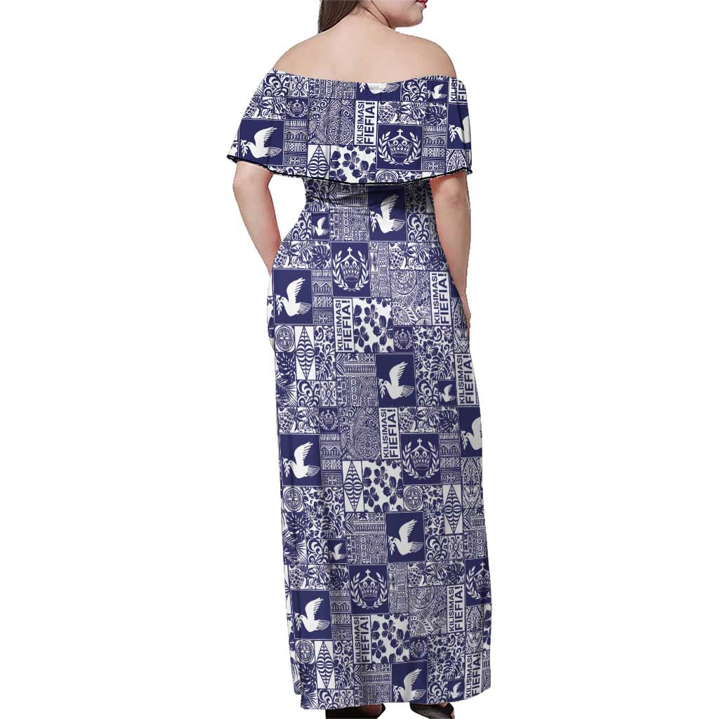 Blue Tonga Kilisimasi Fiefia Family Matching Off Shoulder Maxi Dress and Hawaiian Shirt Pacific Patchwork Xmas Vibes - Polynesian Pride