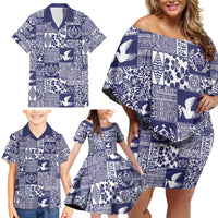 Blue Tonga Kilisimasi Fiefia Family Matching Off Shoulder Short Dress and Hawaiian Shirt Pacific Patchwork Xmas Vibes - Polynesian Pride