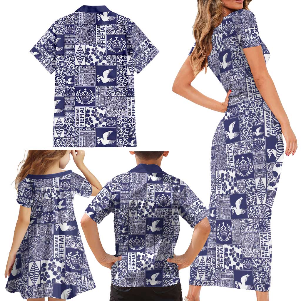 Blue Tonga Kilisimasi Fiefia Family Matching Short Sleeve Bodycon Dress and Hawaiian Shirt Pacific Patchwork Xmas Vibes - Polynesian Pride