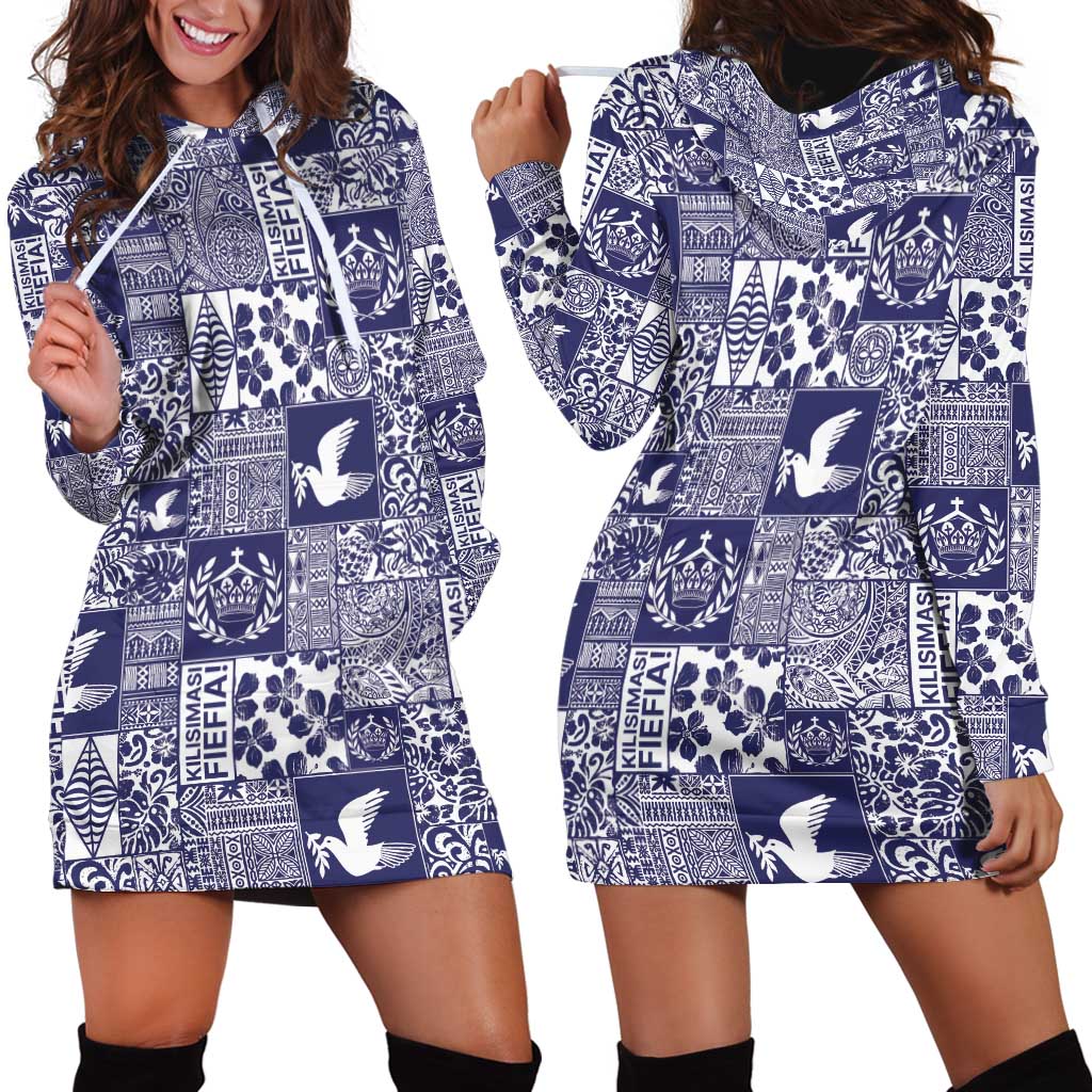Blue Tonga Kilisimasi Fiefia Hoodie Dress Pacific Patchwork Xmas Vibes - Polynesian Pride