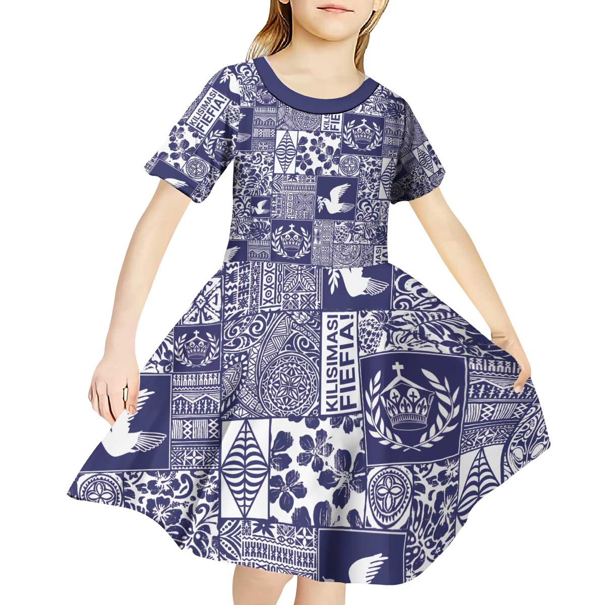 Blue Tonga Kilisimasi Fiefia Kid Short Sleeve Dress Pacific Patchwork Xmas Vibes - Polynesian Pride