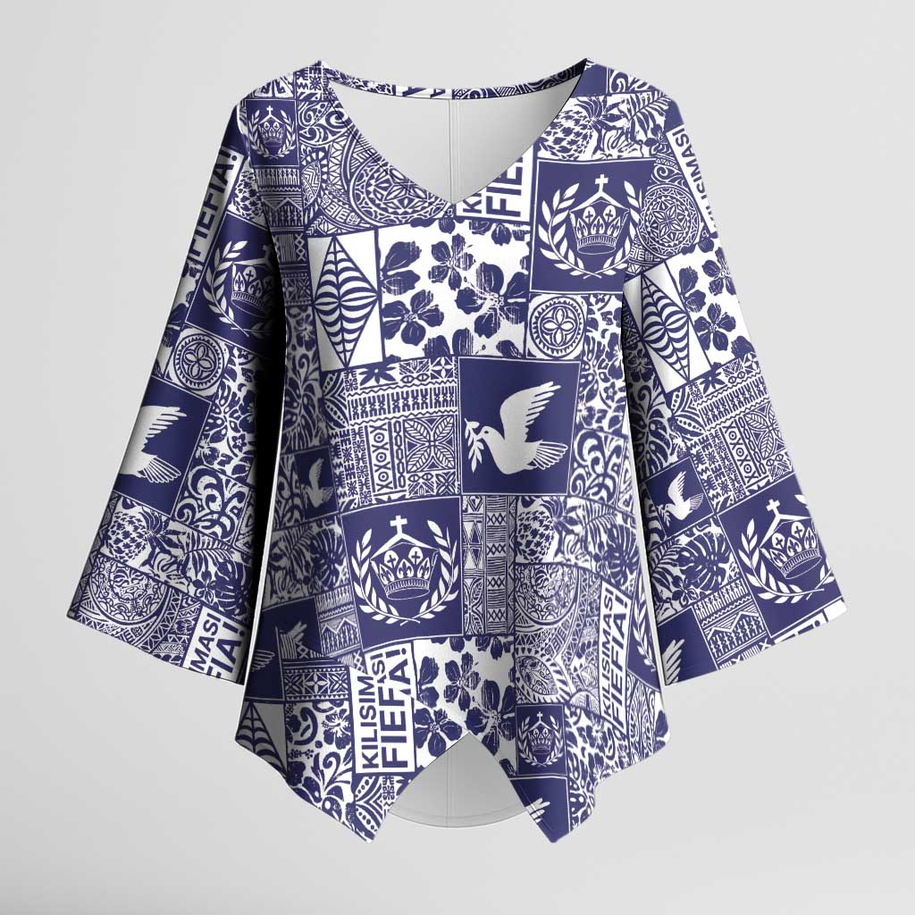 Blue Tonga Kilisimasi Fiefia Kimono Sleeve Blouse Pacific Patchwork Xmas Vibes - Polynesian Pride