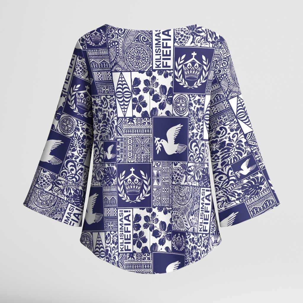 Blue Tonga Kilisimasi Fiefia Kimono Sleeve Blouse Pacific Patchwork Xmas Vibes - Polynesian Pride
