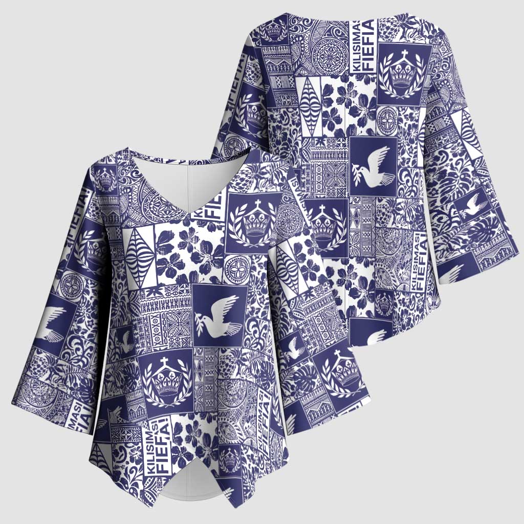 Blue Tonga Kilisimasi Fiefia Kimono Sleeve Blouse Pacific Patchwork Xmas Vibes - Polynesian Pride