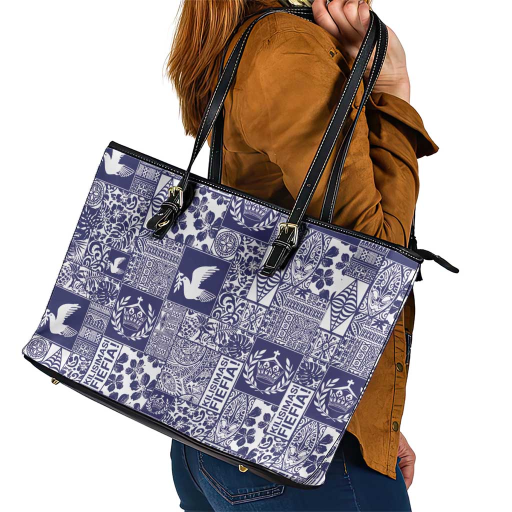 Blue Tonga Kilisimasi Fiefia Leather Tote Bag Pacific Patchwork Xmas Vibes - Polynesian Pride
