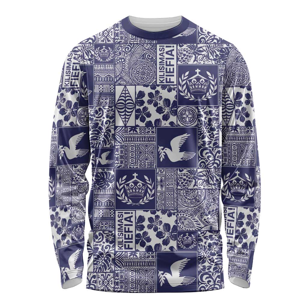 Blue Tonga Kilisimasi Fiefia Long Sleeve Shirt Pacific Patchwork Xmas Vibes - Polynesian Pride