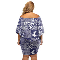 Blue Tonga Kilisimasi Fiefia Off Shoulder Short Dress Pacific Patchwork Xmas Vibes - Polynesian Pride