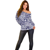 Blue Tonga Kilisimasi Fiefia Off Shoulder Sweater Pacific Patchwork Xmas Vibes - Polynesian Pride