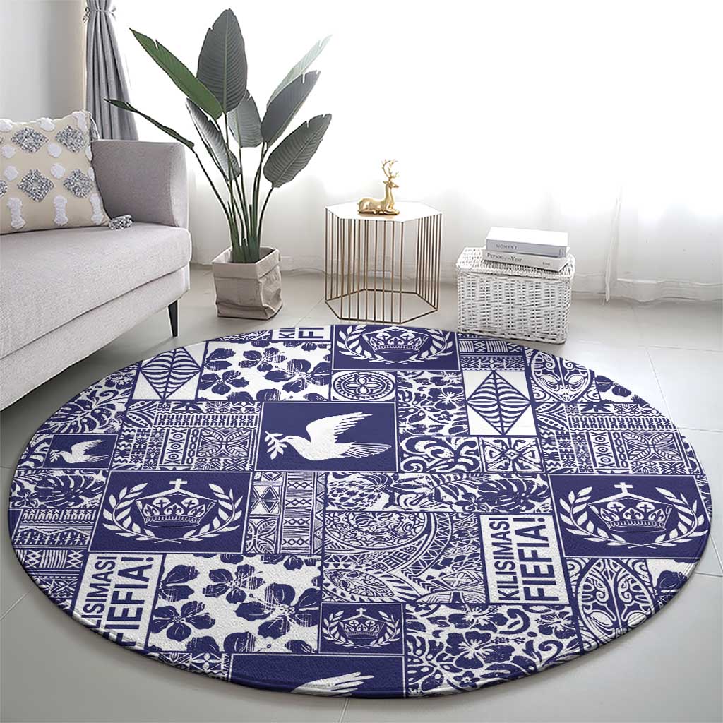 Blue Tonga Kilisimasi Fiefia Round Carpet Pacific Patchwork Xmas Vibes - Polynesian Pride