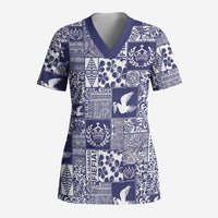 Blue Tonga Kilisimasi Fiefia Scrub Top Pacific Patchwork Xmas Vibes - Polynesian Pride