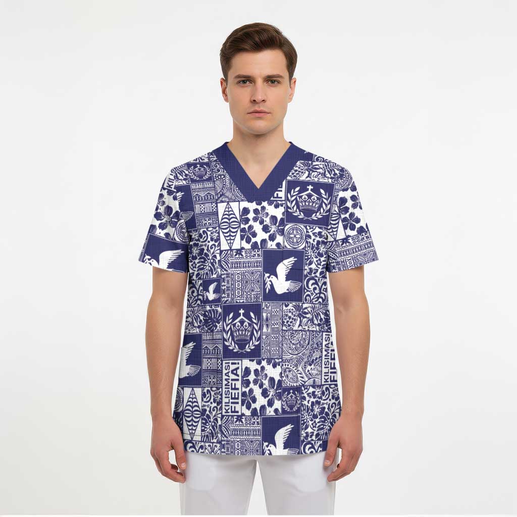Blue Tonga Kilisimasi Fiefia Scrub Top Pacific Patchwork Xmas Vibes - Polynesian Pride