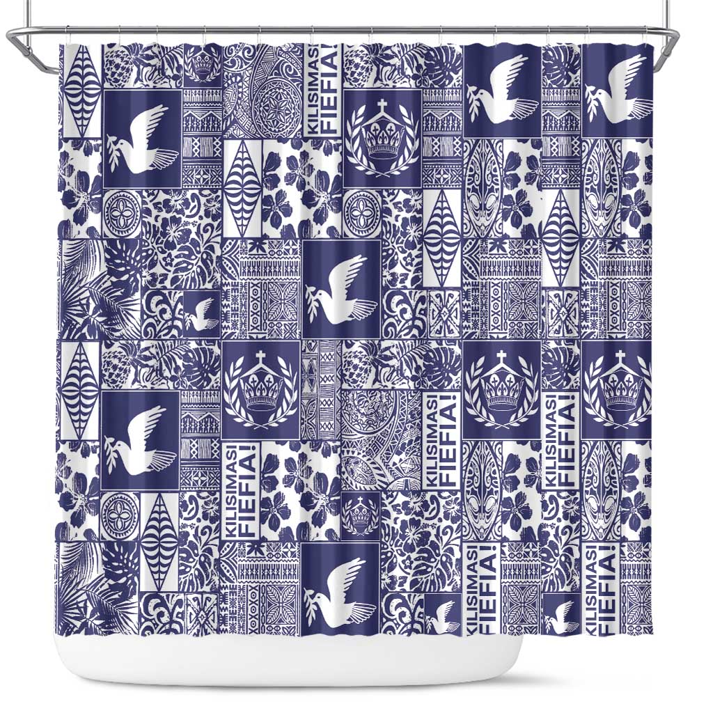 Blue Tonga Kilisimasi Fiefia Shower Curtain Pacific Patchwork Xmas Vibes - Polynesian Pride
