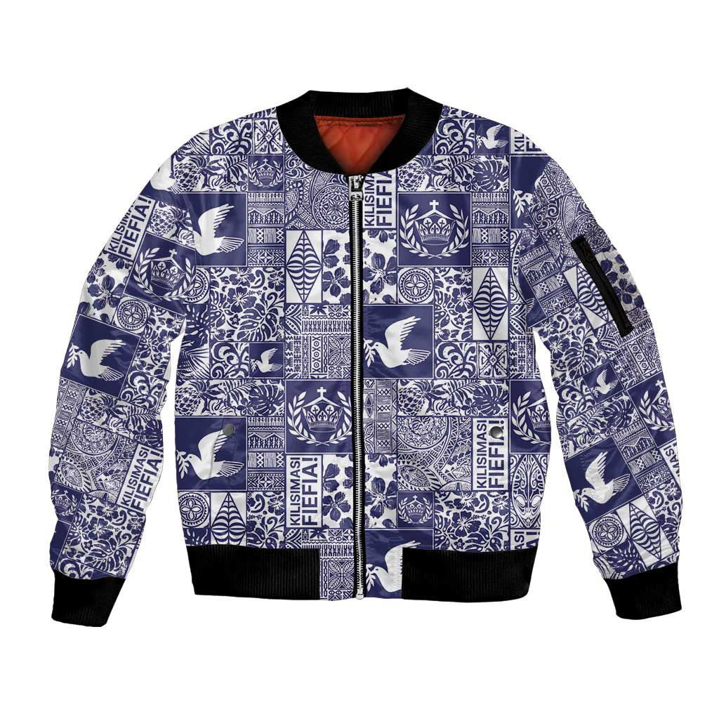 Blue Tonga Kilisimasi Fiefia Sleeve Zip Bomber Jacket Pacific Patchwork Xmas Vibes - Polynesian Pride