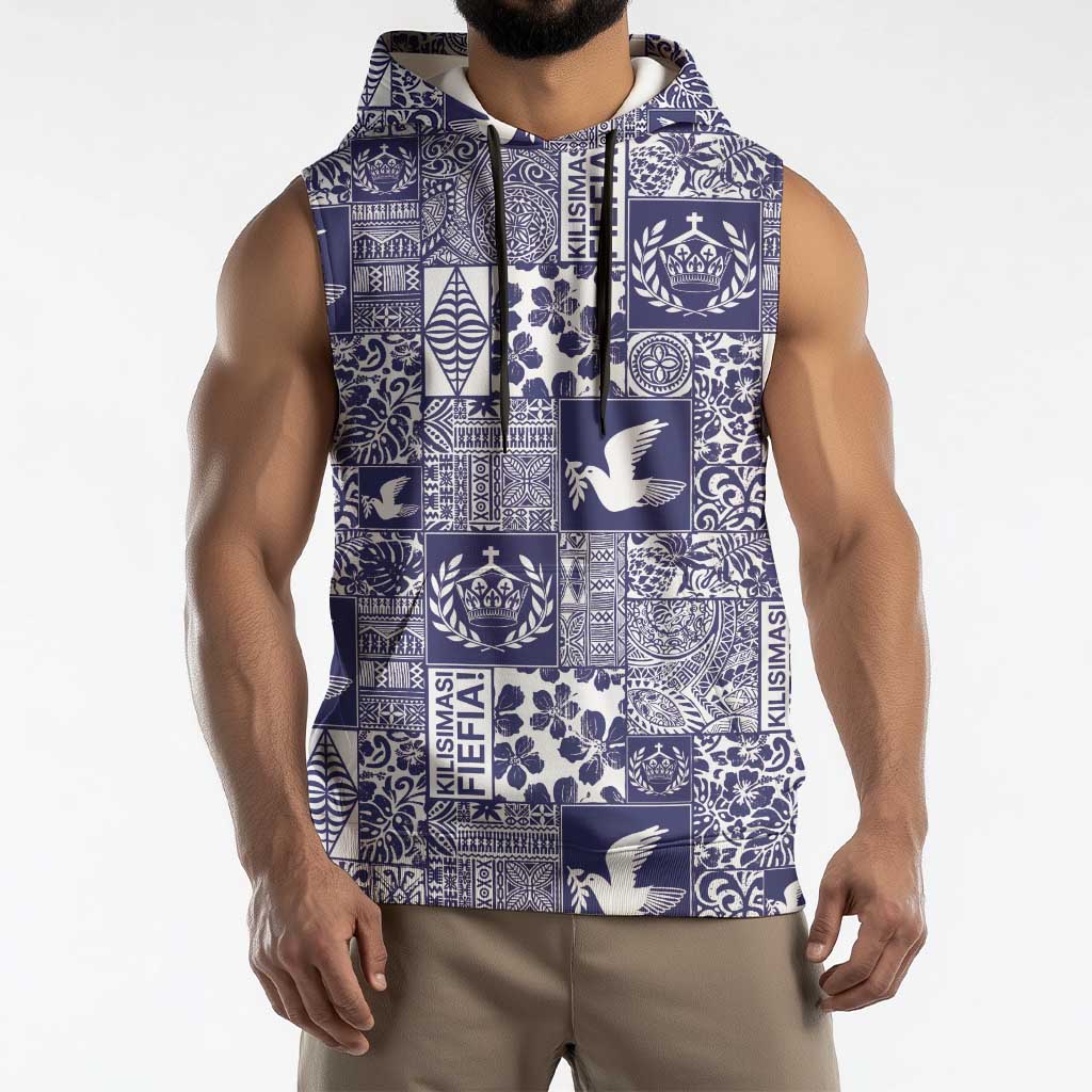 Blue Tonga Kilisimasi Fiefia Sleeveless Hoodie Pacific Patchwork Xmas Vibes - Polynesian Pride