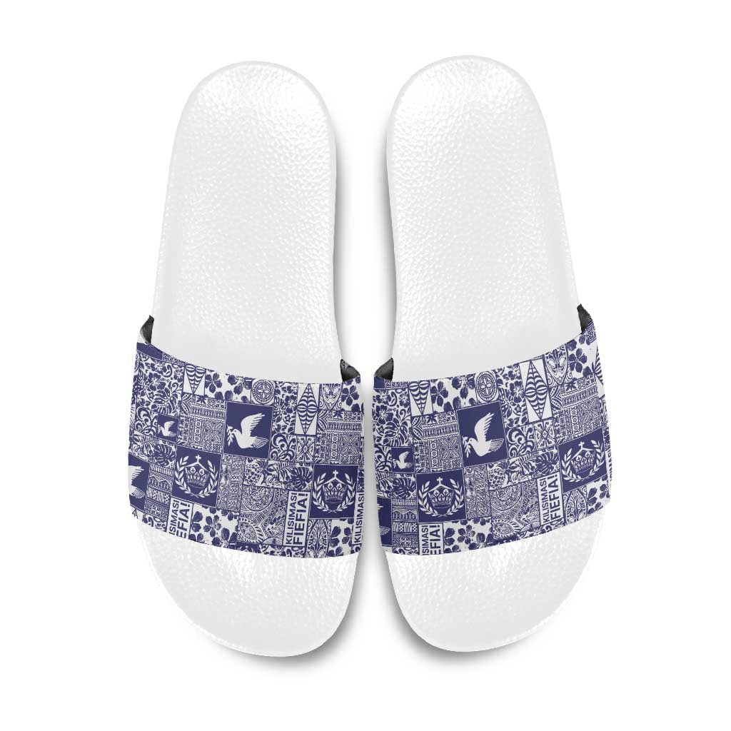 Blue Tonga Kilisimasi Fiefia Slide Sandals Pacific Patchwork Xmas Vibes - Polynesian Pride