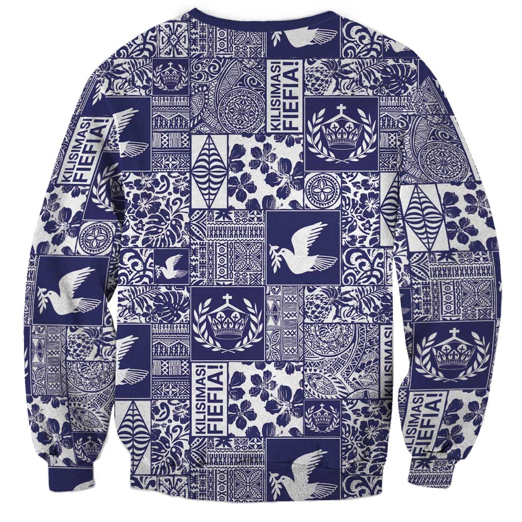 Blue Tonga Kilisimasi Fiefia Sweatshirt Pacific Patchwork Xmas Vibes - Polynesian Pride