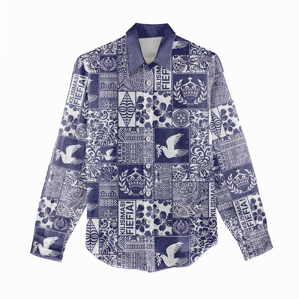 Blue Tonga Kilisimasi Fiefia Women Casual Shirt Pacific Patchwork Xmas Vibes - Polynesian Pride