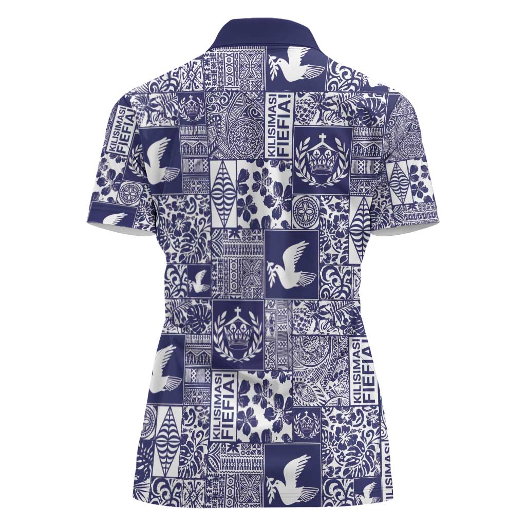 Blue Tonga Kilisimasi Fiefia Women Polo Shirt Pacific Patchwork Xmas Vibes - Polynesian Pride