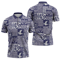 Blue Tonga Kilisimasi Fiefia Zipper Polo Shirt Pacific Patchwork Xmas Vibes - Polynesian Pride