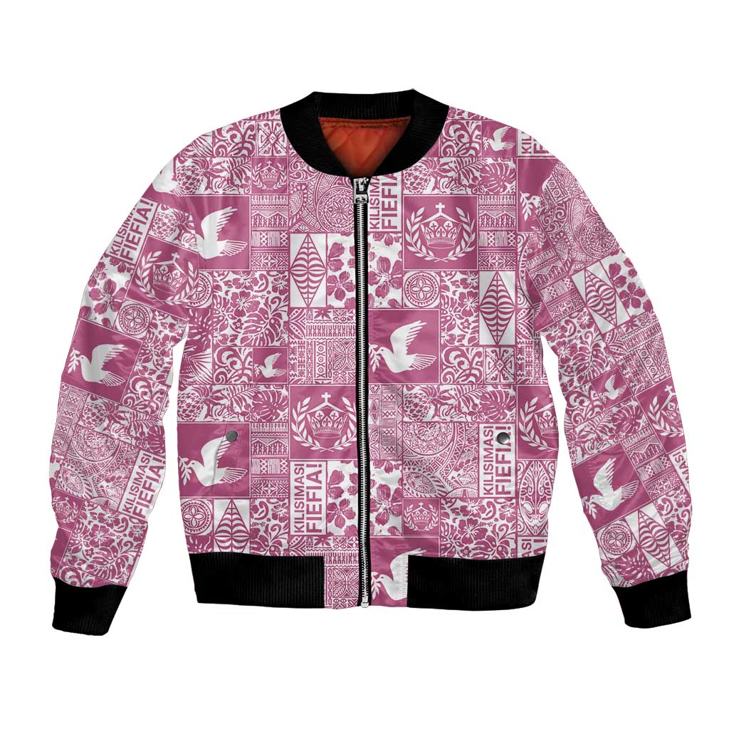 Pink Tonga Kilisimasi Fiefia Bomber Jacket Pacific Patchwork Xmas Vibes - Polynesian Pride